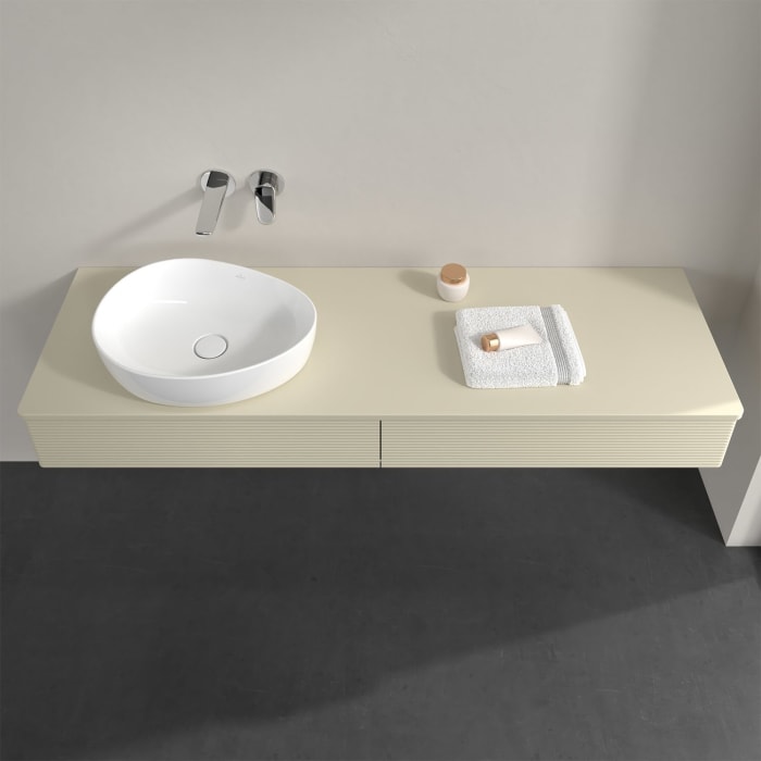 Villeroy & Boch Antao Waschbeckenunterschrank, 160 x 19 cm, 2 Auszüge mit LED-Licht, Front mit Struktur, mit Hahnloch, für Waschtisch links