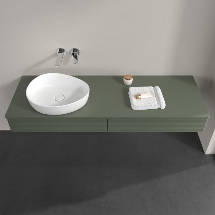 Villeroy & Boch Antao Waschbeckenunterschrank, 160 x 19 cm, 2 Auszüge mit LED-Licht, Front mit Struktur, mit Hahnloch, für Waschtisch links