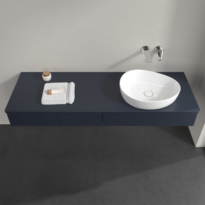 Villeroy & Boch Antao Waschbeckenunterschrank, 160 x 19 cm, 2 Auszüge mit LED-Licht, Front ohne Struktur, mit Hahnloch, für Waschtisch rechts