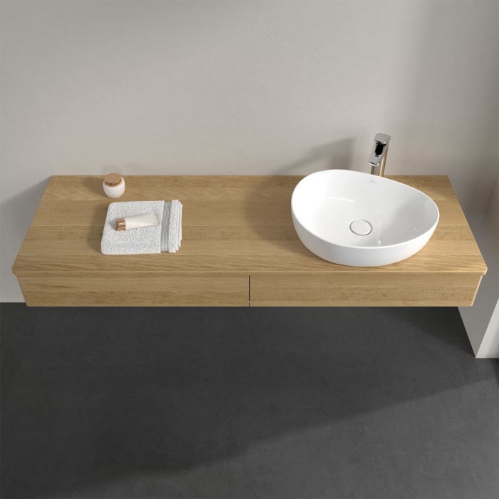 Villeroy & Boch Antao Waschbeckenunterschrank, 160 x 19 cm, 2 Auszüge mit LED-Licht, Front ohne Struktur, mit Hahnloch, für Waschtisch rechts