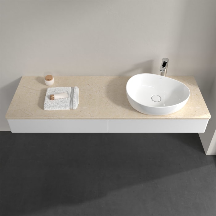 Villeroy & Boch Antao Waschbeckenunterschrank, 160 x 19 cm, 2 Auszüge mit LED-Licht, Front ohne Struktur, mit Hahnloch, für Waschtisch rechts