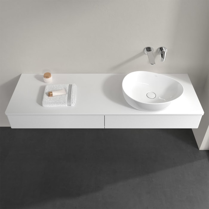 Villeroy & Boch Antao Waschbeckenunterschrank, 160 x 19 cm, 2 Auszüge mit LED-Licht, Front mit Struktur, ohne Hahnloch, für Waschtisch rechts