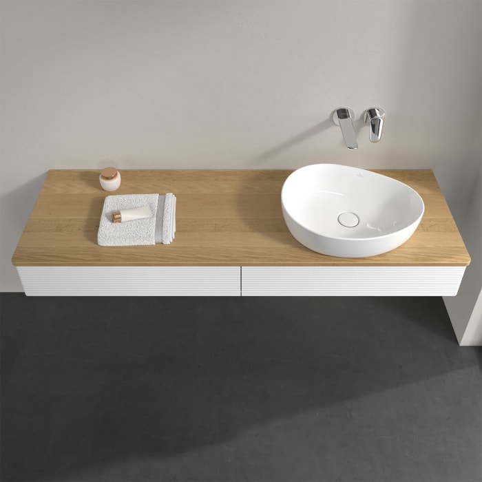 Villeroy & Boch Antao Waschbeckenunterschrank, 160 x 19 cm, 2 Auszüge mit LED-Licht, Front mit Struktur, ohne Hahnloch, für Waschtisch rechts