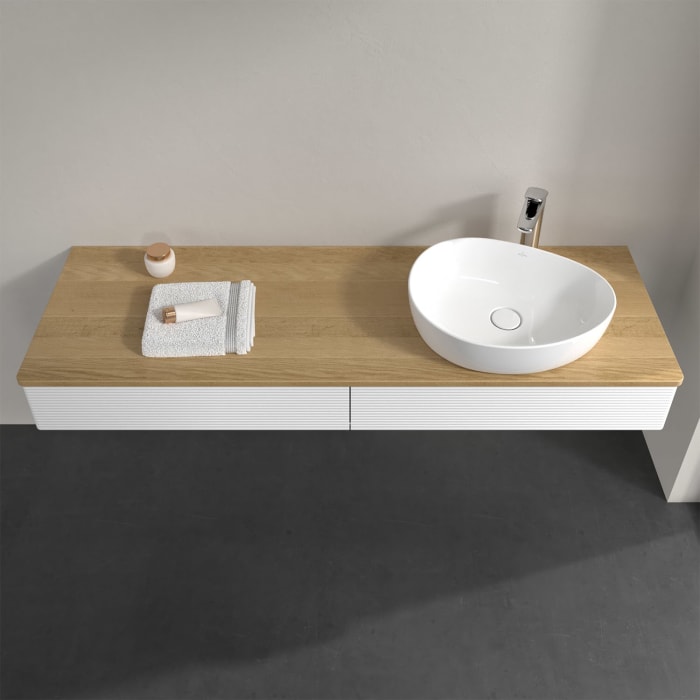 Villeroy & Boch Antao Waschbeckenunterschrank, 160 x 19 cm, 2 Auszüge mit LED-Licht, Front mit Struktur, mit Hahnloch, für Waschtisch rechts