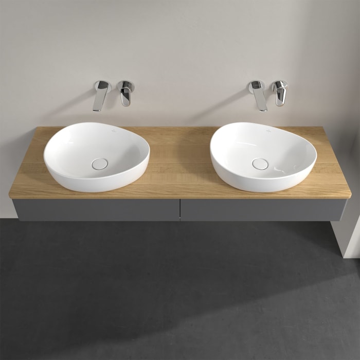 Villeroy & Boch Antao Waschbeckenunterschrank, 160 x 19 cm, 2 Auszüge mit LED-Licht, Front ohne Struktur, ohne Hahnloch, für Waschtisch links und rech