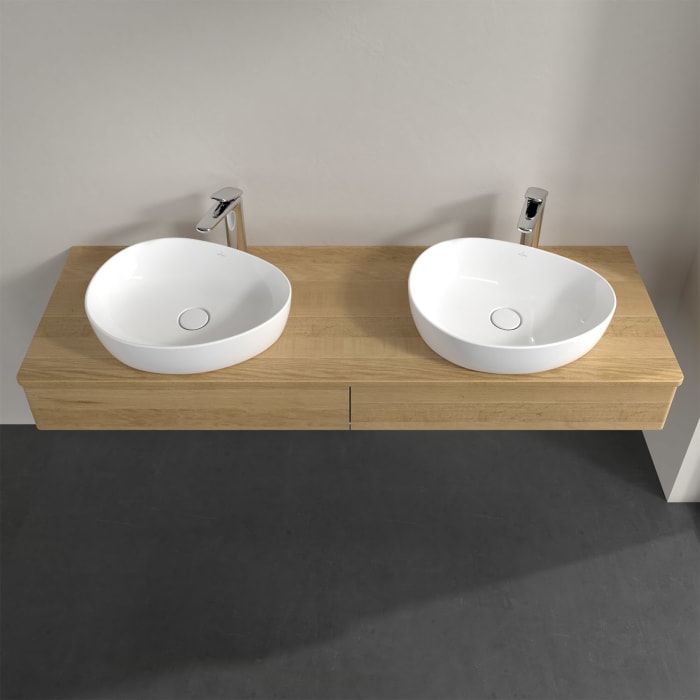 Villeroy & Boch Antao Waschbeckenunterschrank, 160 x 19 cm, 2 Auszüge mit LED-Licht, Front ohne Struktur, mit Hahnloch, für Waschtisch links und recht