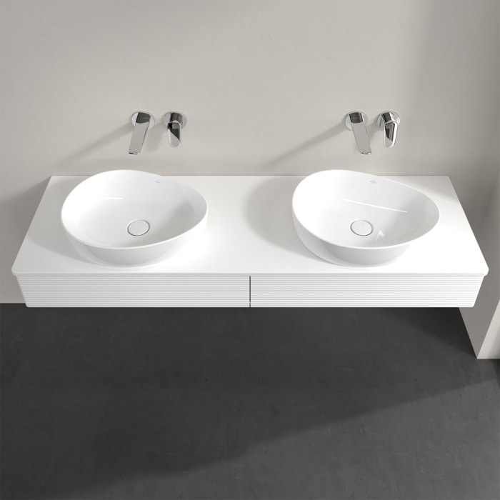 Villeroy & Boch Antao Waschbeckenunterschrank, 160 x 19 cm, 2 Auszüge mit LED-Licht, Front mit Struktur, mit Hahnloch, für Waschtisch links und rechts