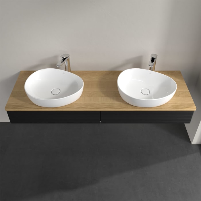 Villeroy & Boch Antao Waschbeckenunterschrank, 160 x 19 cm, 2 Auszüge mit LED-Licht, Front mit Struktur, mit Hahnloch, für Waschtisch links und rechts