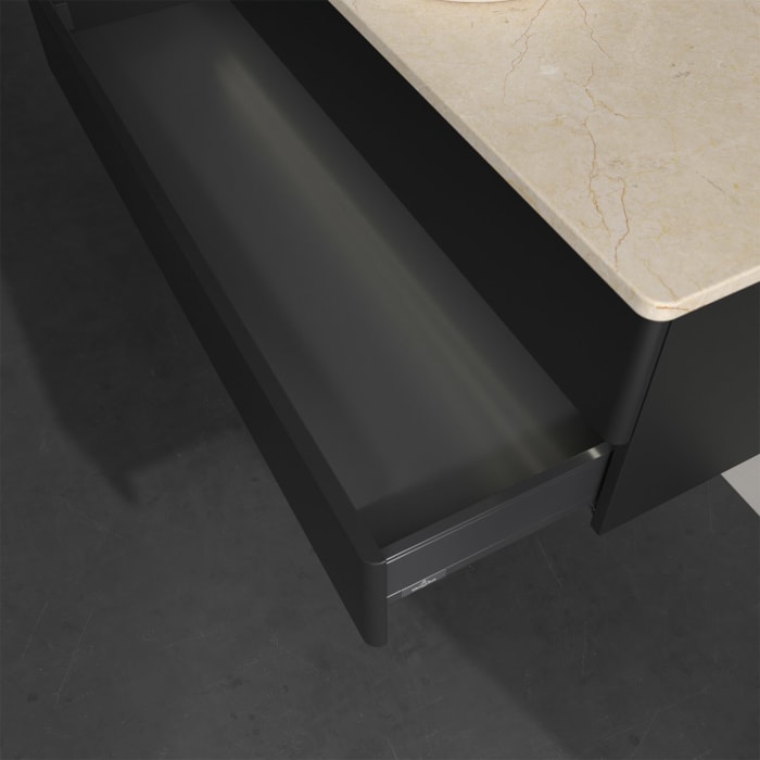 Villeroy & Boch Antao Waschbeckenunterschrank, 120 x 36 cm, 2 Auszüge mit LED-Licht, Front ohne Struktur, mit Hahnloch, für Waschtisch mittig