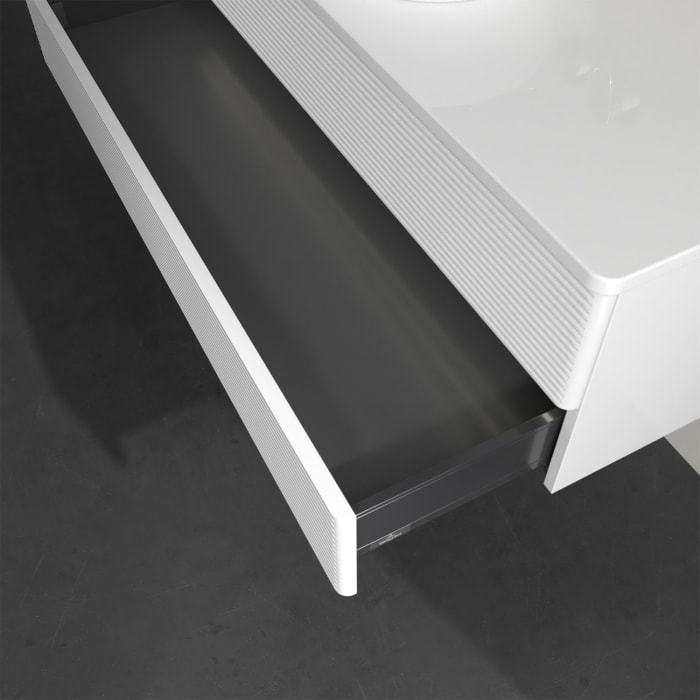 Villeroy & Boch Antao Waschbeckenunterschrank, 120 x 36 cm, 2 Auszüge mit LED-Licht, Front mit Struktur, ohne Hahnloch, für Waschtisch mittig