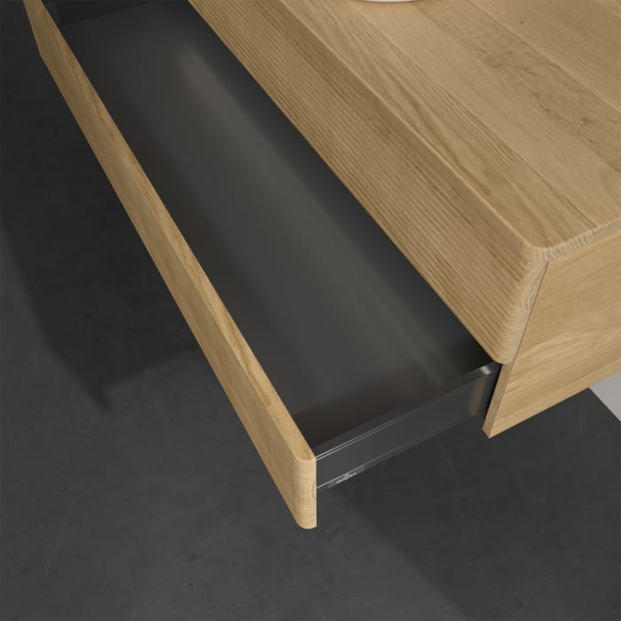 Villeroy & Boch Antao Waschbeckenunterschrank, 120 x 36 cm, 2 Auszüge mit LED-Licht, Front mit Struktur, ohne Hahnloch, für Waschtisch mittig