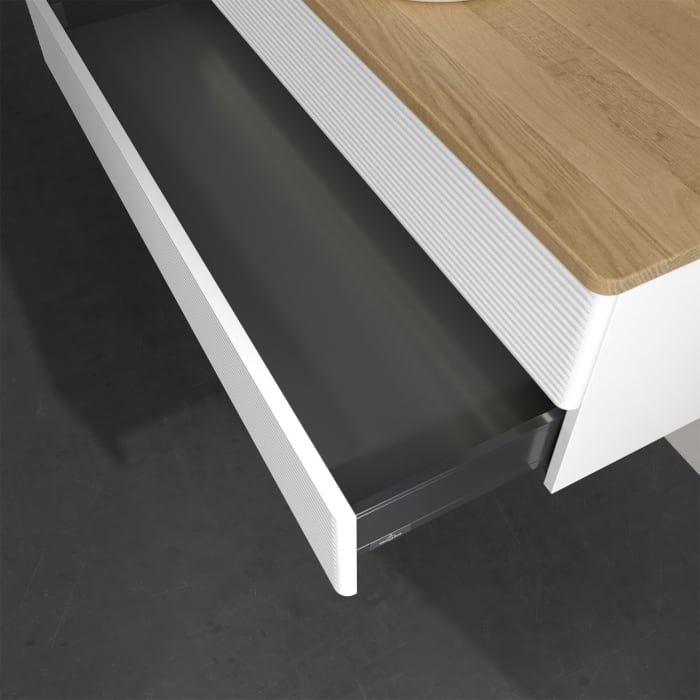 Villeroy & Boch Antao Waschbeckenunterschrank, 120 x 36 cm, 2 Auszüge mit LED-Licht, Front mit Struktur, ohne Hahnloch, für Waschtisch mittig