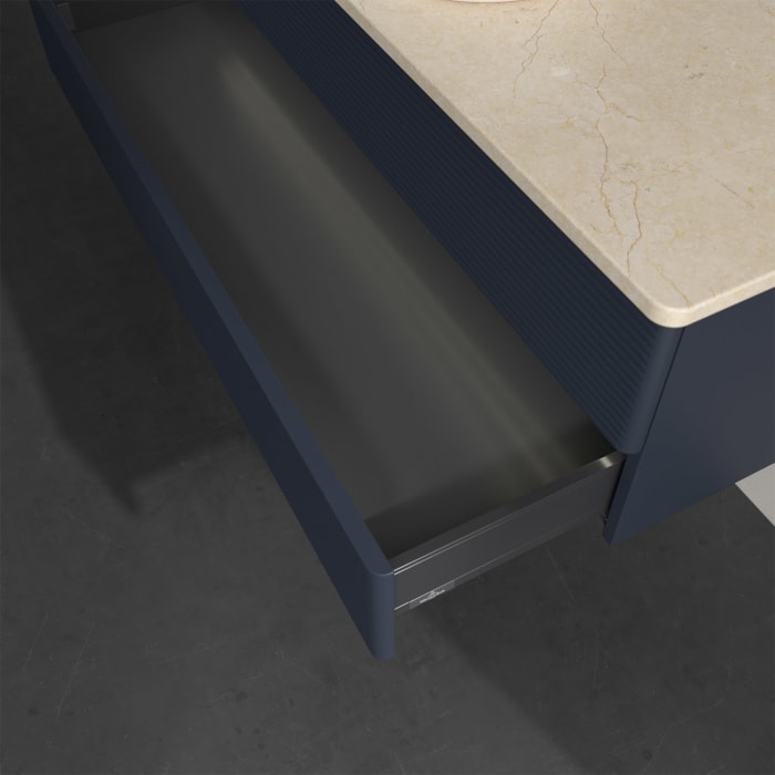 Villeroy & Boch Antao Waschbeckenunterschrank, 120 x 36 cm, 2 Auszüge mit LED-Licht, Front mit Struktur, ohne Hahnloch, für Waschtisch mittig