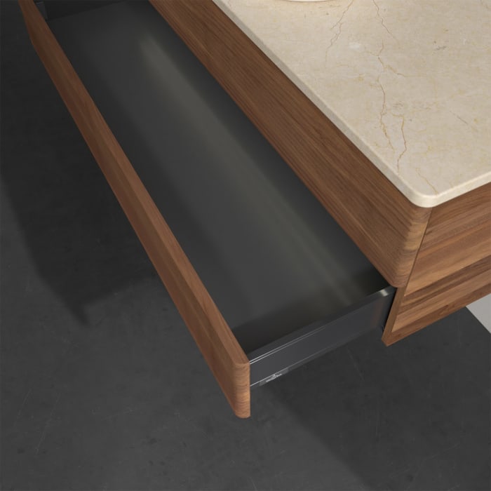 Villeroy & Boch Antao Waschbeckenunterschrank, 120 x 36 cm, 2 Auszüge mit LED-Licht, Front mit Struktur, ohne Hahnloch, für Waschtisch mittig