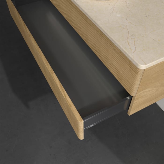 Villeroy & Boch Antao Waschbeckenunterschrank, 120 x 36 cm, 2 Auszüge mit LED-Licht, Front mit Struktur, ohne Hahnloch, für Waschtisch mittig