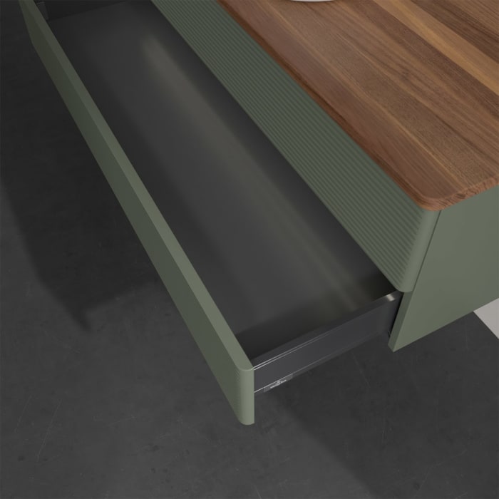 Villeroy & Boch Antao Waschbeckenunterschrank, 120 x 36 cm, 2 Auszüge mit LED-Licht, Front mit Struktur, mit Hahnloch, für Waschtisch mittig