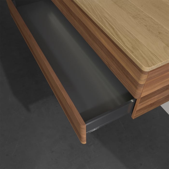 Villeroy & Boch Antao Waschbeckenunterschrank, 120 x 36 cm, 2 Auszüge mit LED-Licht, Front ohne Struktur, mit Hahnloch, für Waschtisch links