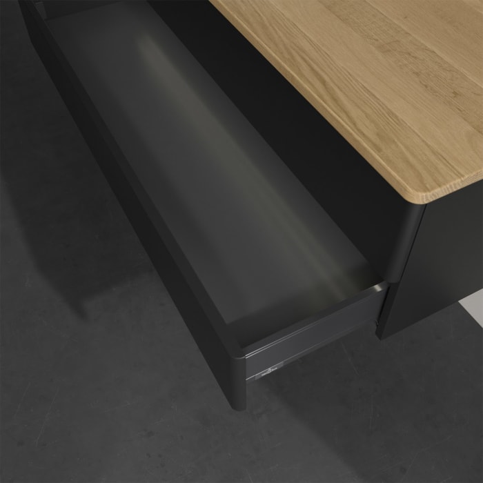 Villeroy & Boch Antao Waschbeckenunterschrank, 120 x 36 cm, 2 Auszüge mit LED-Licht, Front ohne Struktur, mit Hahnloch, für Waschtisch links