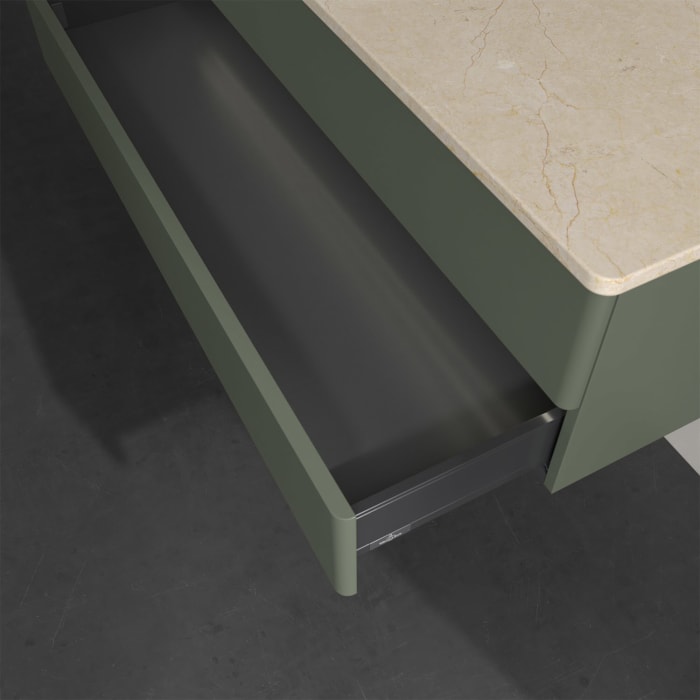 Villeroy & Boch Antao Waschbeckenunterschrank, 120 x 36 cm, 2 Auszüge mit LED-Licht, Front ohne Struktur, mit Hahnloch, für Waschtisch links