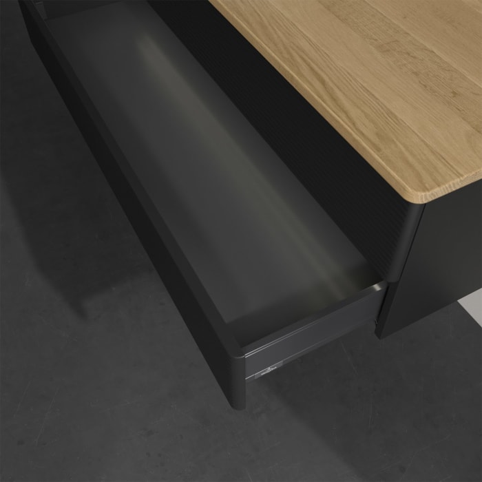 Villeroy & Boch Antao Waschbeckenunterschrank, 120 x 36 cm, 2 Auszüge mit LED-Licht, Front mit Struktur, ohne Hahnloch, für Waschtisch links