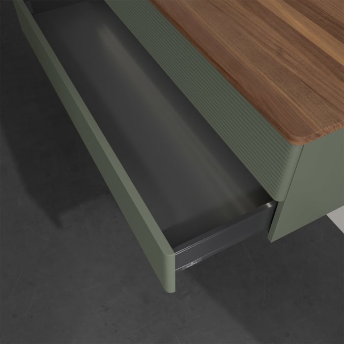 Villeroy & Boch Antao Waschbeckenunterschrank, 120 x 36 cm, 2 Auszüge mit LED-Licht, Front mit Struktur, ohne Hahnloch, für Waschtisch links