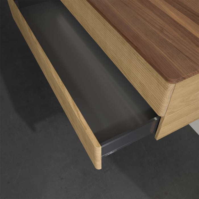 Villeroy & Boch Antao Waschbeckenunterschrank, 120 x 36 cm, 2 Auszüge mit LED-Licht, Front mit Struktur, ohne Hahnloch, für Waschtisch links