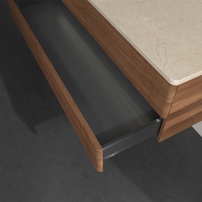 Villeroy & Boch Antao Waschbeckenunterschrank, 120 x 36 cm, 2 Auszüge mit LED-Licht, Front mit Struktur, ohne Hahnloch, für Waschtisch links