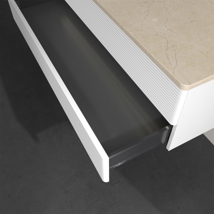 Villeroy & Boch Antao Waschbeckenunterschrank, 120 x 36 cm, 2 Auszüge mit LED-Licht, Front mit Struktur, ohne Hahnloch, für Waschtisch links