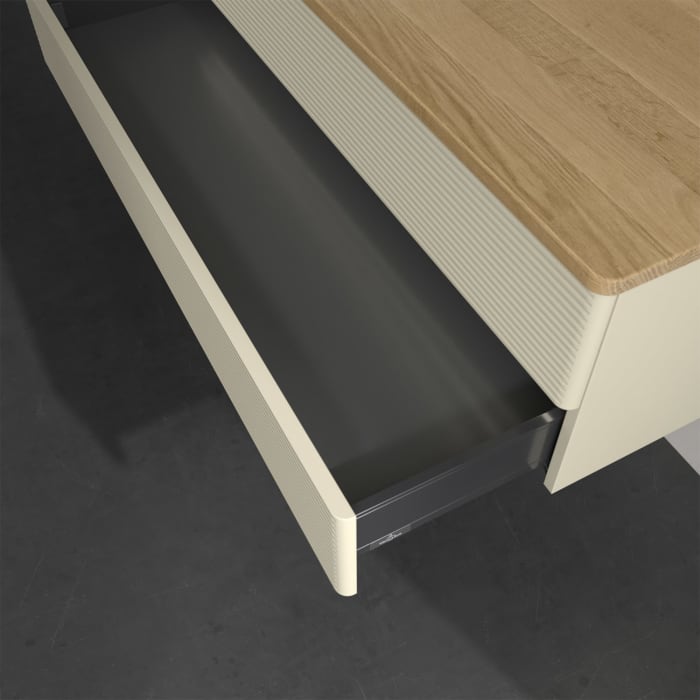 Villeroy & Boch Antao Waschbeckenunterschrank, 120 x 36 cm, 2 Auszüge mit LED-Licht, Front mit Struktur, mit Hahnloch, für Waschtisch links