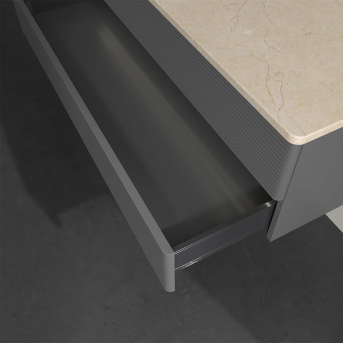 Villeroy & Boch Antao Waschbeckenunterschrank, 120 x 36 cm, 2 Auszüge mit LED-Licht, Front mit Struktur, mit Hahnloch, für Waschtisch links