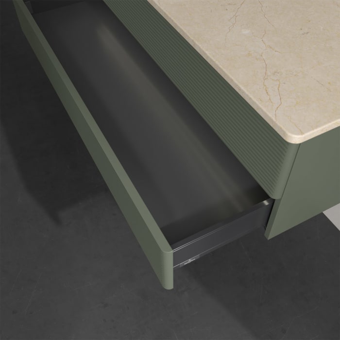 Villeroy & Boch Antao Waschbeckenunterschrank, 120 x 36 cm, 2 Auszüge mit LED-Licht, Front mit Struktur, mit Hahnloch, für Waschtisch links