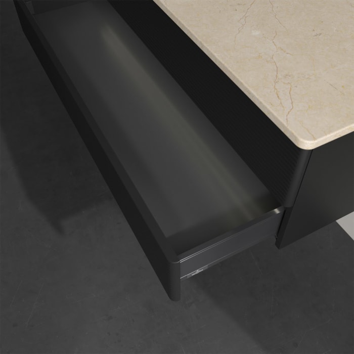 Villeroy & Boch Antao Waschbeckenunterschrank, 120 x 36 cm, 2 Auszüge mit LED-Licht, Front mit Struktur, mit Hahnloch, für Waschtisch links