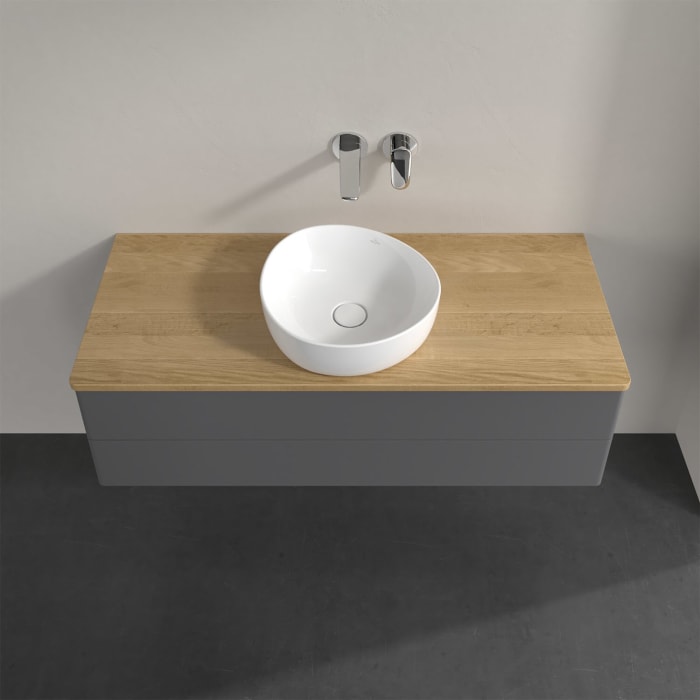 Villeroy & Boch Antao Waschbeckenunterschrank, 120 x 36 cm, 2 Auszüge mit LED-Licht, Front ohne Struktur, ohne Hahnloch, für Waschtisch mittig