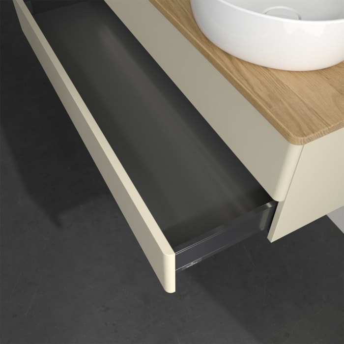 Villeroy & Boch Antao Waschbeckenunterschrank, 120 x 36 cm, 2 Auszüge mit LED-Licht, Front ohne Struktur, mit Hahnloch, für Waschtisch rechts