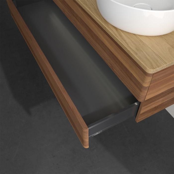 Villeroy & Boch Antao Waschbeckenunterschrank, 120 x 36 cm, 2 Auszüge mit LED-Licht, Front ohne Struktur, mit Hahnloch, für Waschtisch rechts