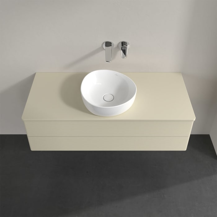 Villeroy & Boch Antao Waschbeckenunterschrank, 120 x 36 cm, 2 Auszüge mit LED-Licht, Front mit Struktur, ohne Hahnloch, für Waschtisch mittig