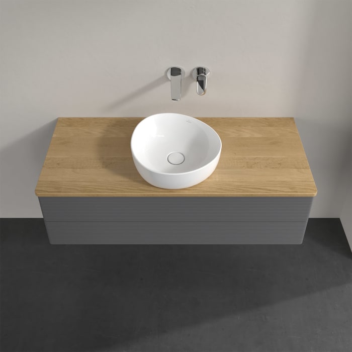 Villeroy & Boch Antao Waschbeckenunterschrank, 120 x 36 cm, 2 Auszüge mit LED-Licht, Front mit Struktur, ohne Hahnloch, für Waschtisch mittig