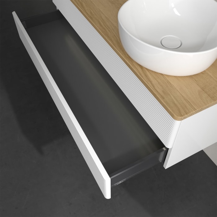 Villeroy & Boch Antao Waschbeckenunterschrank, 120 x 36 cm, 2 Auszüge mit LED-Licht, Front mit Struktur, ohne Hahnloch, für Waschtisch rechts