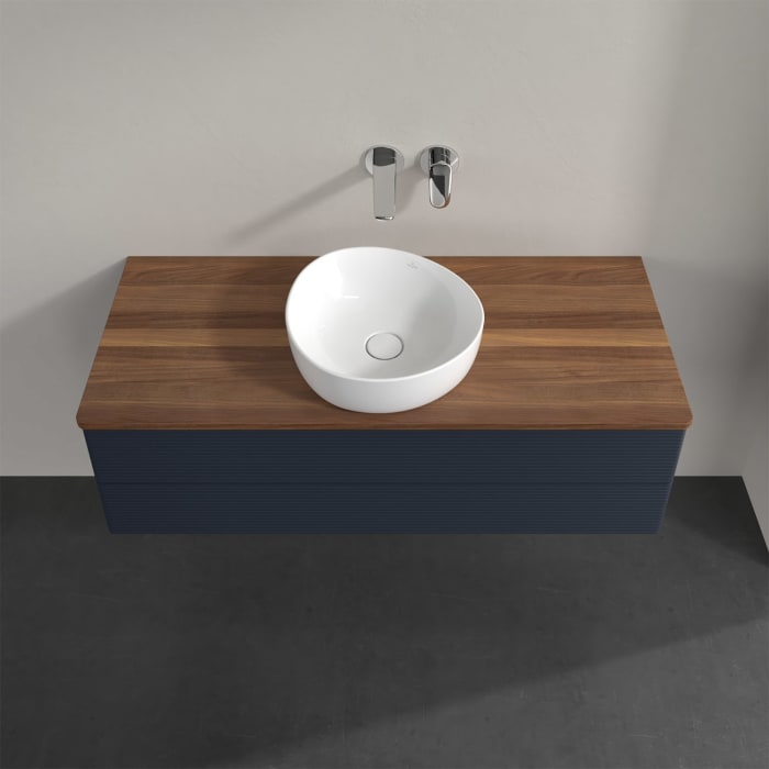 Villeroy & Boch Antao Waschbeckenunterschrank, 120 x 36 cm, 2 Auszüge mit LED-Licht, Front mit Struktur, ohne Hahnloch, für Waschtisch mittig