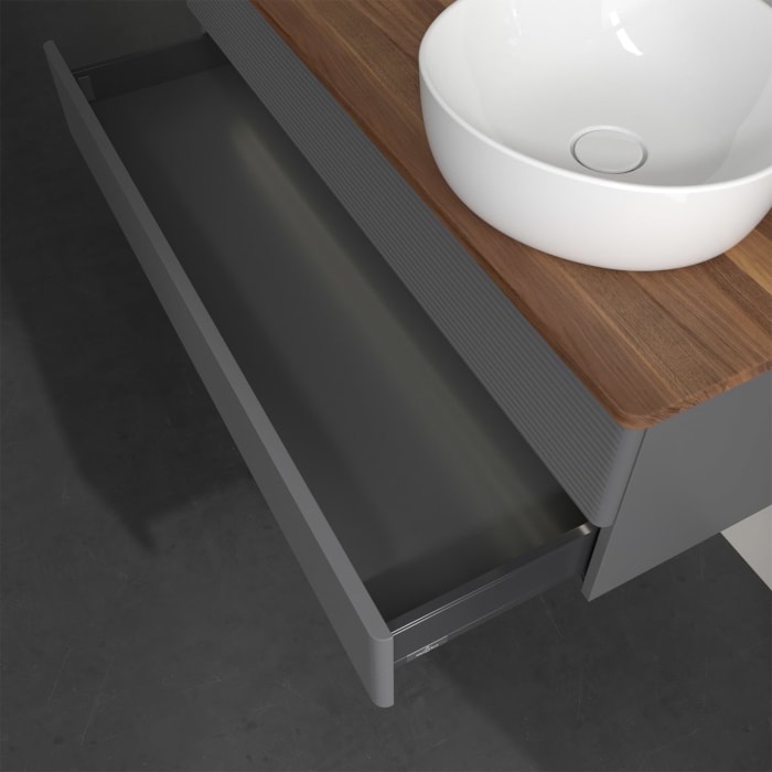 Villeroy & Boch Antao Waschbeckenunterschrank, 120 x 36 cm, 2 Auszüge mit LED-Licht, Front mit Struktur, ohne Hahnloch, für Waschtisch rechts