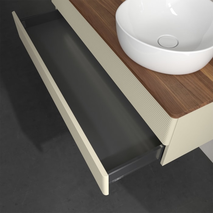 Villeroy & Boch Antao Waschbeckenunterschrank, 120 x 36 cm, 2 Auszüge mit LED-Licht, Front mit Struktur, ohne Hahnloch, für Waschtisch rechts