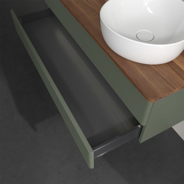 Villeroy & Boch Antao Waschbeckenunterschrank, 120 x 36 cm, 2 Auszüge mit LED-Licht, Front mit Struktur, ohne Hahnloch, für Waschtisch rechts