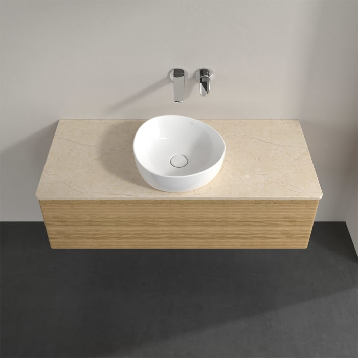 Villeroy & Boch Antao Waschbeckenunterschrank, 120 x 36 cm, 2 Auszüge mit LED-Licht, Front mit Struktur, ohne Hahnloch, für Waschtisch mittig