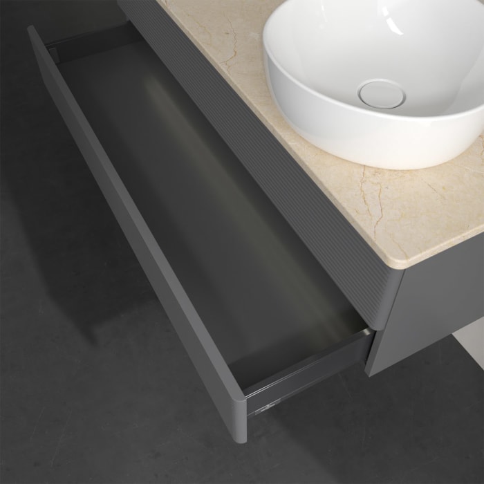 Villeroy & Boch Antao Waschbeckenunterschrank, 120 x 36 cm, 2 Auszüge mit LED-Licht, Front mit Struktur, ohne Hahnloch, für Waschtisch rechts