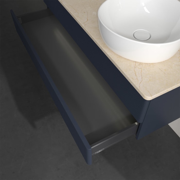 Villeroy & Boch Antao Waschbeckenunterschrank, 120 x 36 cm, 2 Auszüge mit LED-Licht, Front mit Struktur, ohne Hahnloch, für Waschtisch rechts