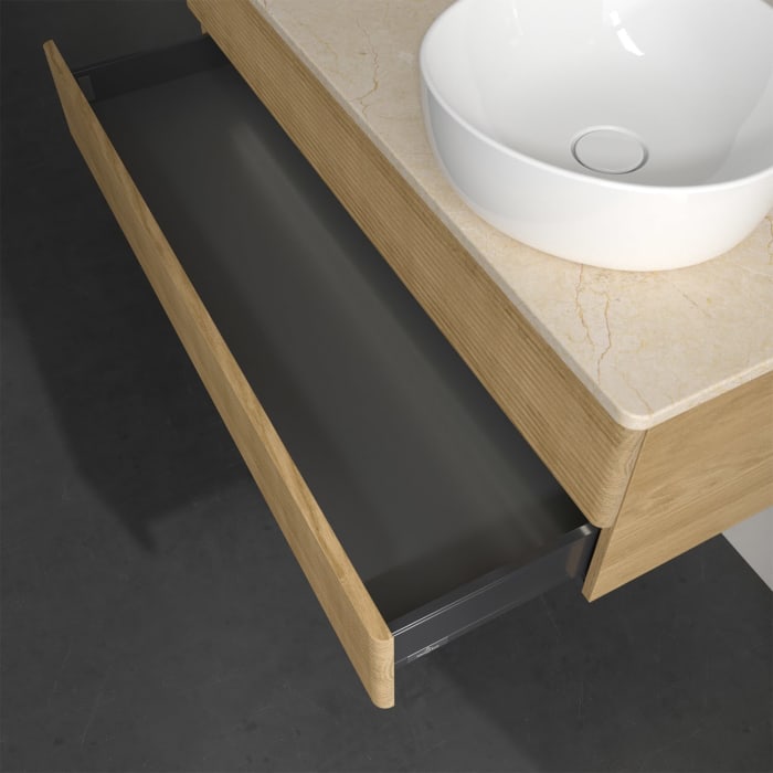 Villeroy & Boch Antao Waschbeckenunterschrank, 120 x 36 cm, 2 Auszüge mit LED-Licht, Front mit Struktur, ohne Hahnloch, für Waschtisch rechts