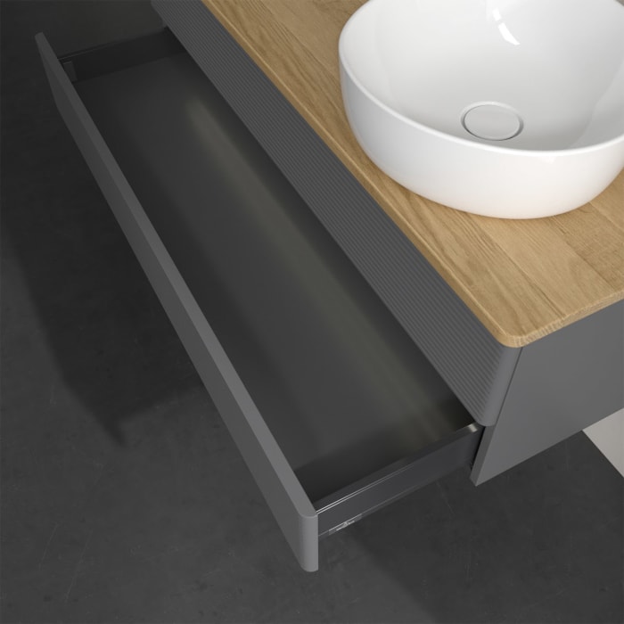 Villeroy & Boch Antao Waschbeckenunterschrank, 120 x 36 cm, 2 Auszüge mit LED-Licht, Front mit Struktur, mit Hahnloch, für Waschtisch rechts