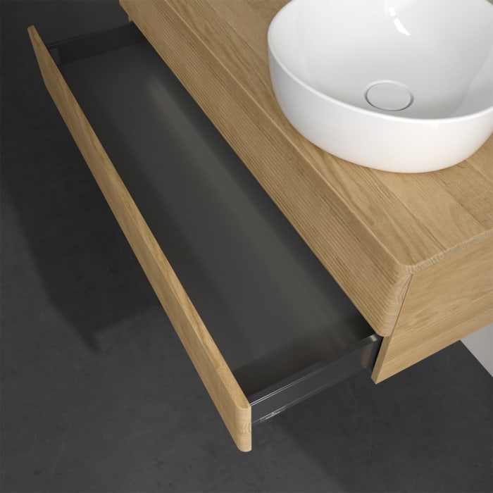 Villeroy & Boch Antao Waschbeckenunterschrank, 120 x 36 cm, 2 Auszüge mit LED-Licht, Front mit Struktur, mit Hahnloch, für Waschtisch rechts