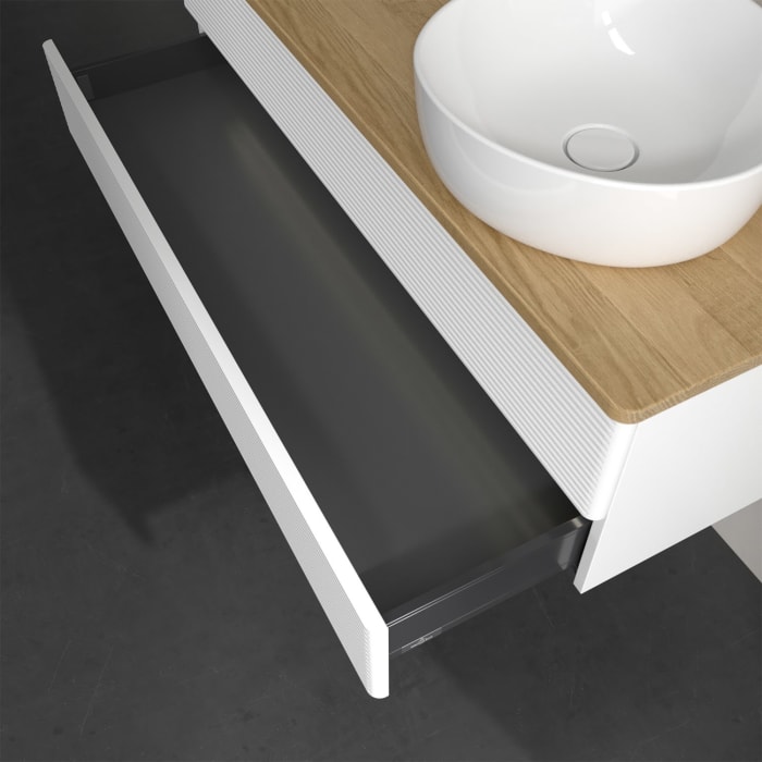 Villeroy & Boch Antao Waschbeckenunterschrank, 120 x 36 cm, 2 Auszüge mit LED-Licht, Front mit Struktur, mit Hahnloch, für Waschtisch rechts