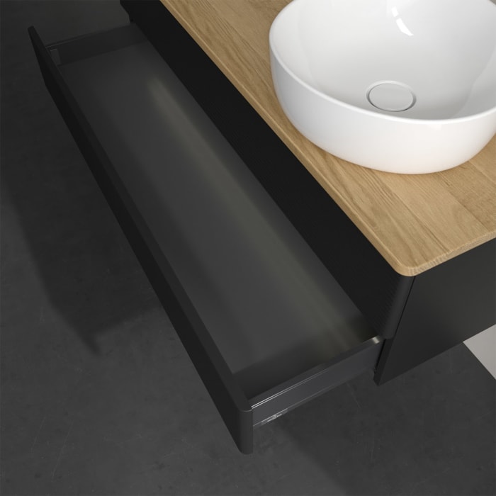 Villeroy & Boch Antao Waschbeckenunterschrank, 120 x 36 cm, 2 Auszüge mit LED-Licht, Front mit Struktur, mit Hahnloch, für Waschtisch rechts